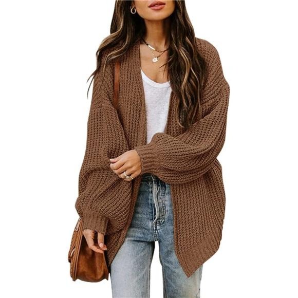 Sweaters - Womens Oversized Long Sleeve Open Front Cardigan Sweaters Brown